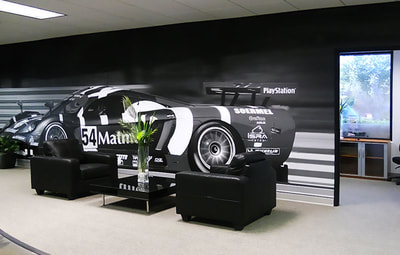 wall wrap of a race car in an office